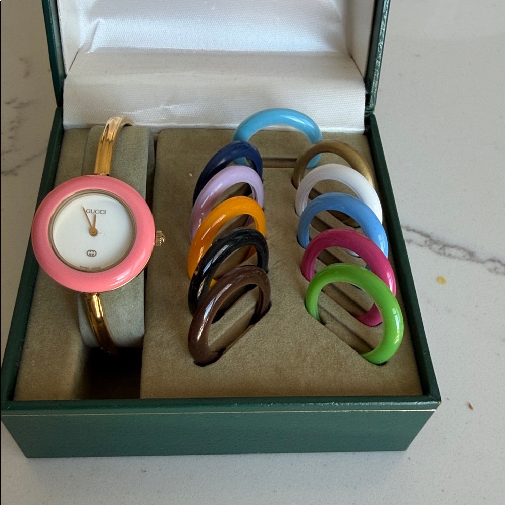 Gucci Women's Pink and Gold Watch with Colorful Bezels